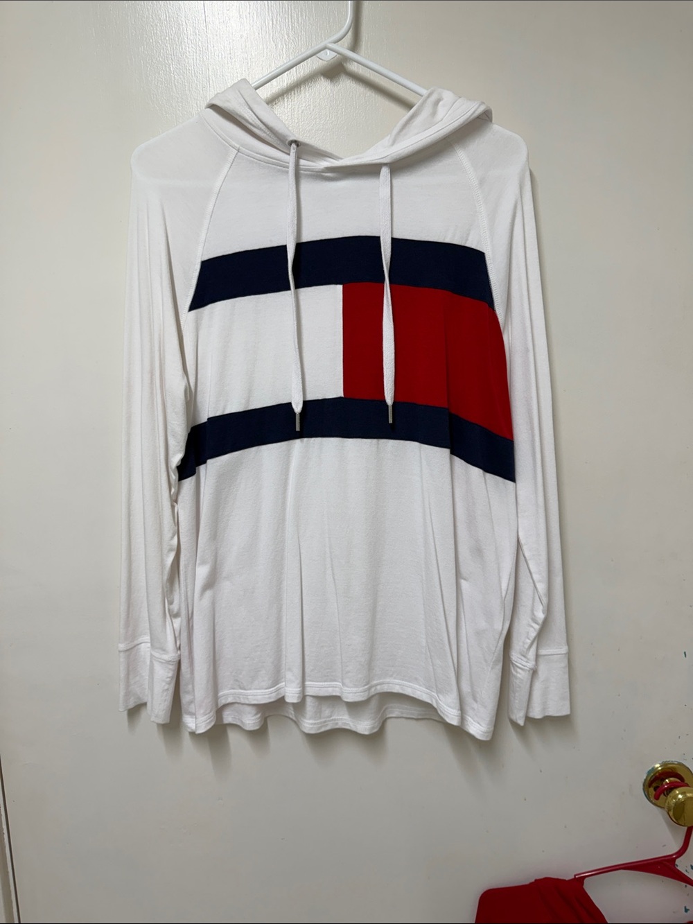 Tommy Hilfiger White Hoodie with Navy & Red Block Stripes